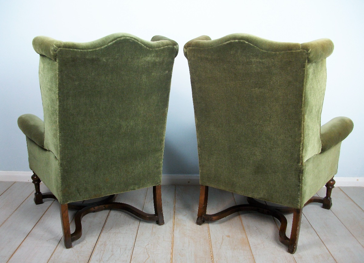 Pair of Edwardian Wing Back Upholstered Armchairs